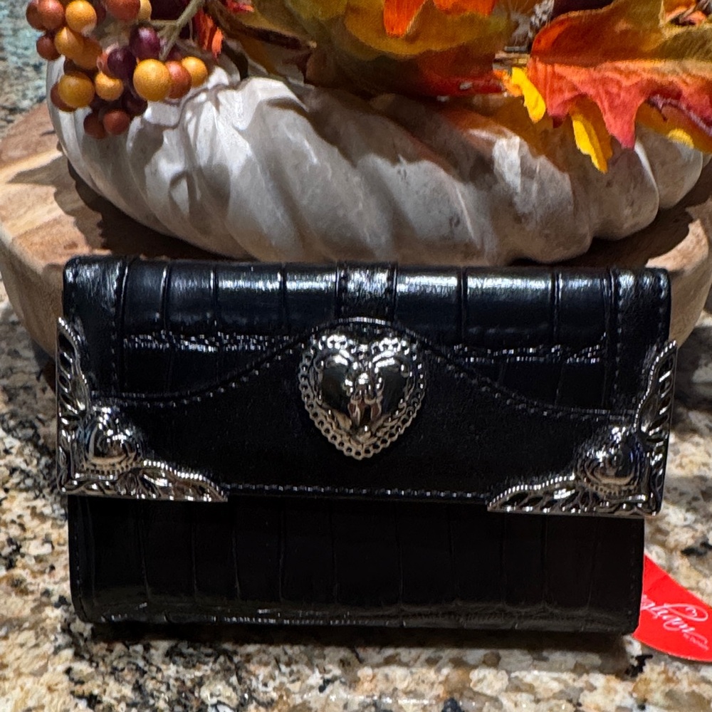 Brighton Black Embossed Wallet with Silver Heart Detail